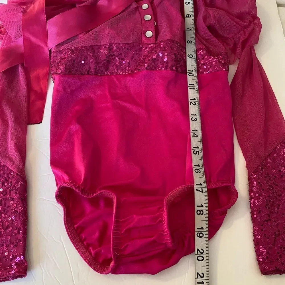 Kelle solo dance costume hot pink 2 piece leotard halter long sleeve mesh MC